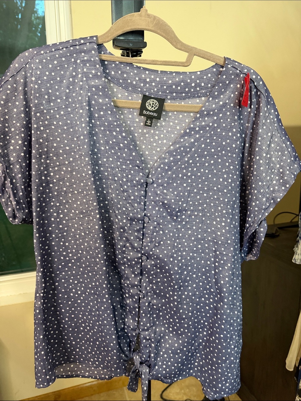 bobeau Navy Blue Polka Dot Short-Sleeve Button Tie Hem Shirt2186